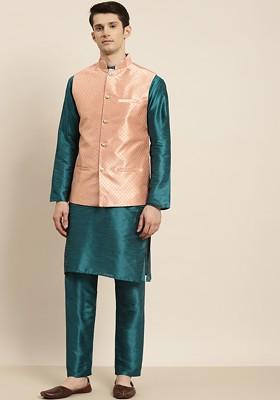 Teal Blue Solid Poly Blend Kurta Set For Men