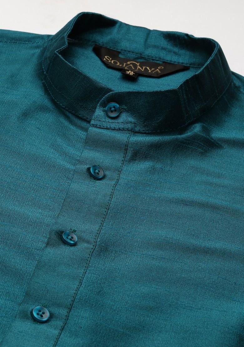 Teal Blue Solid Poly Blend Kurta Set For Men