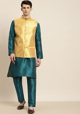 Teal Blue Solid Poly Blend Kurta Set For Men
