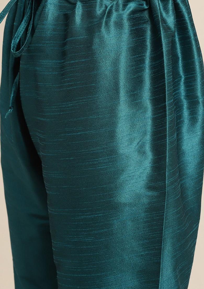 Teal Blue Solid Poly Blend Kurta Set For Men