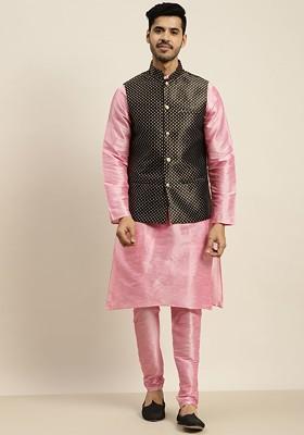 Pink Solid Poly Blend Kurta Set For Men