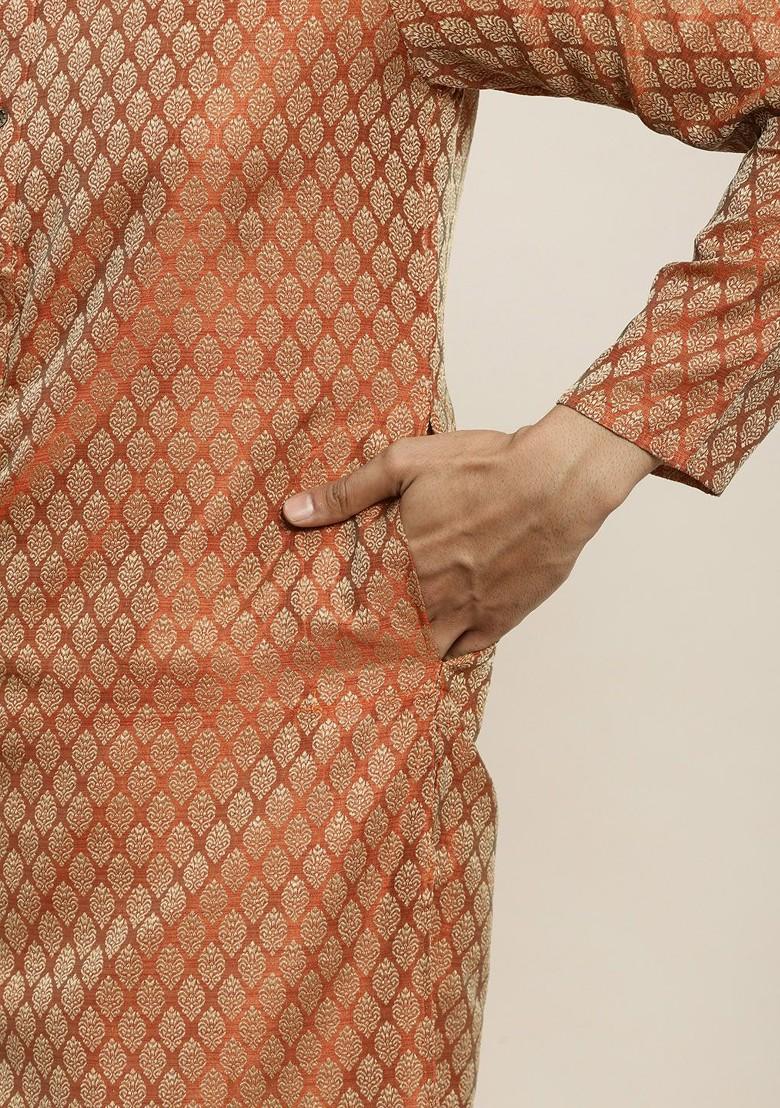 Orange Ethnic Motifs Poly Blend Kurta Set For Men