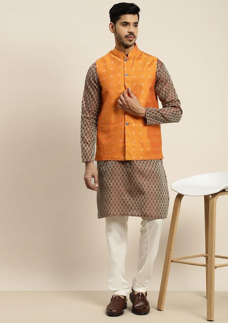 Maroon Ethnic Motifs Poly Blend Kurta Set For Men