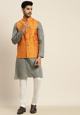 Teal Blue Solid Cotton Kurta Set For Men