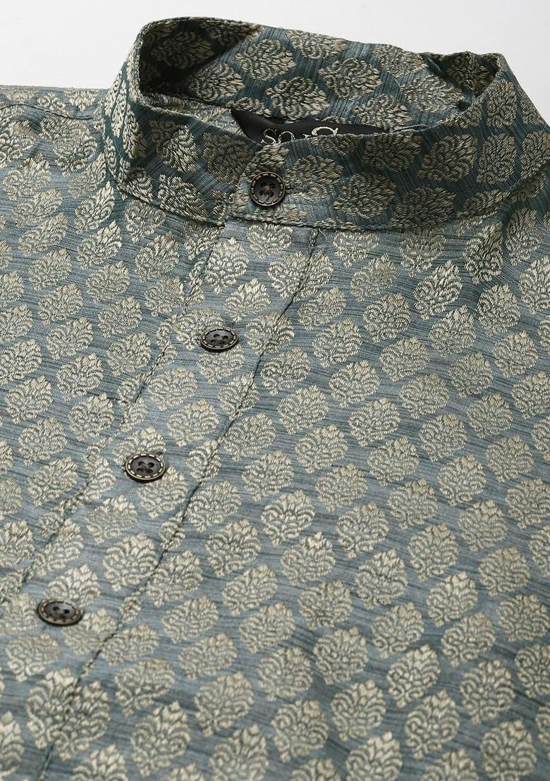 Teal Blue Solid Cotton Kurta Set For Men