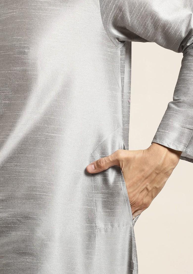 Grey Embroidered Poly Blend Kurta Set For Men