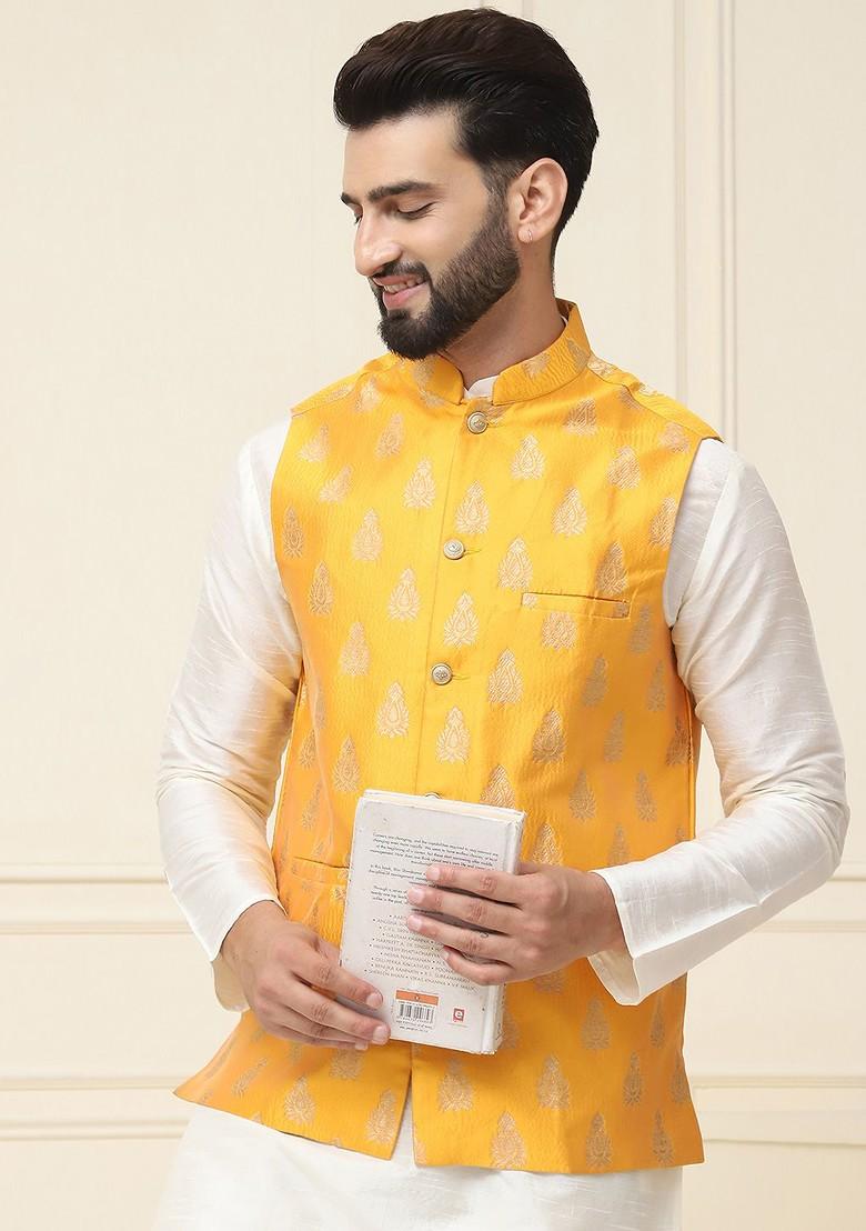 Off White Woven Poly Blend Kurta Set For Men