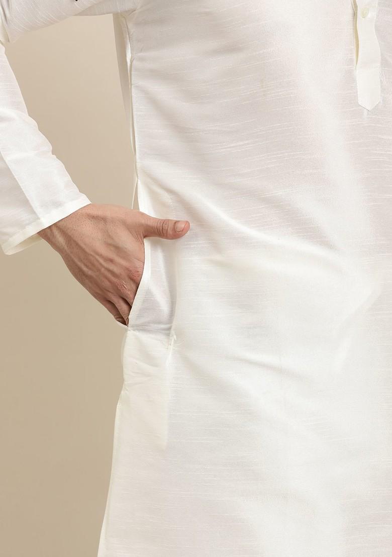 Off White Solid Poly Blend Kurta Set For Men