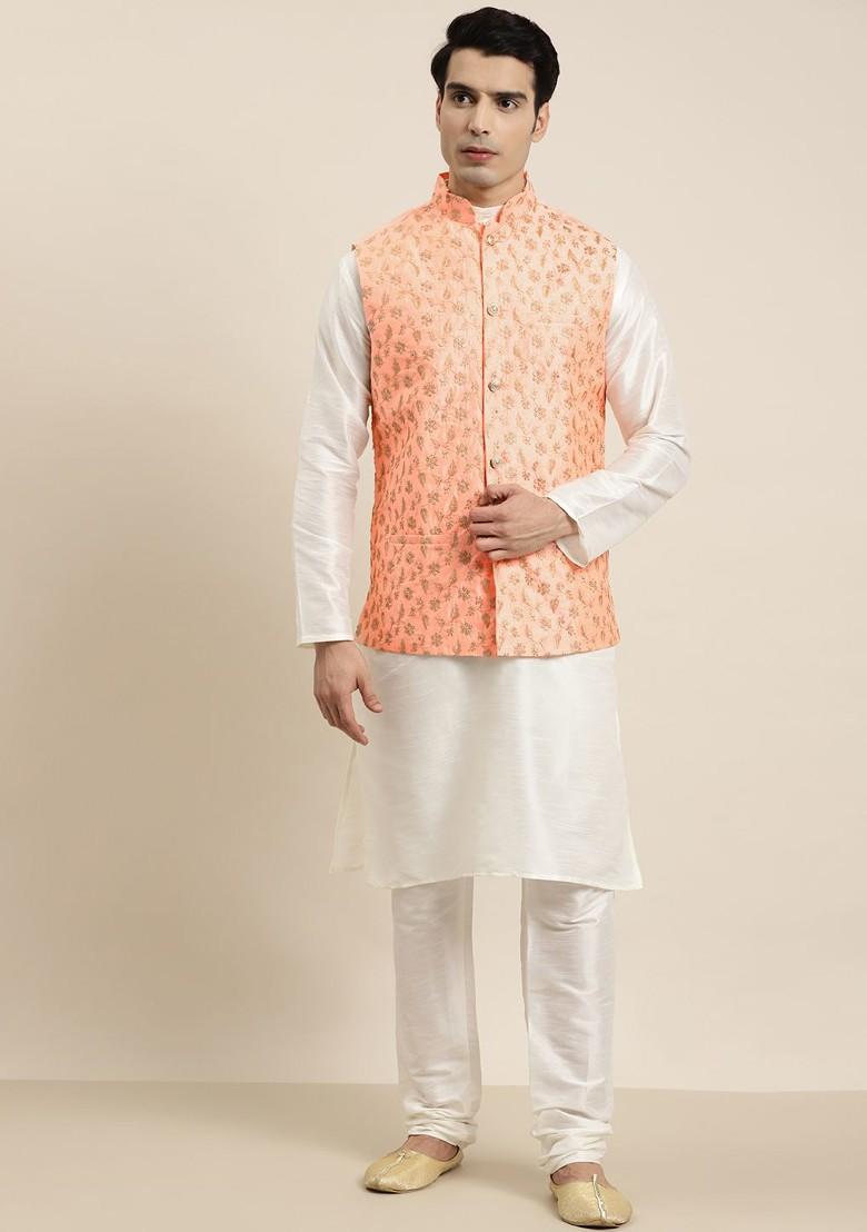 Off White Solid Poly Blend Kurta Set For Men