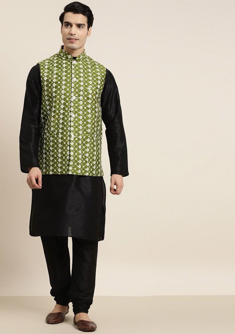 Black Embroidered Poly Blend Kurta Set For Men