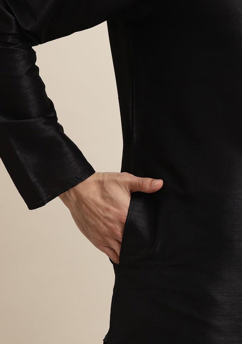 Black Embroidered Poly Blend Kurta Set For Men