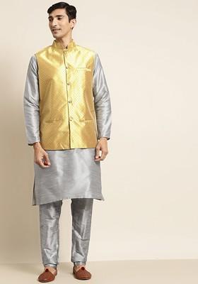 Grey Woven Poly Blend Kurta Set For Men