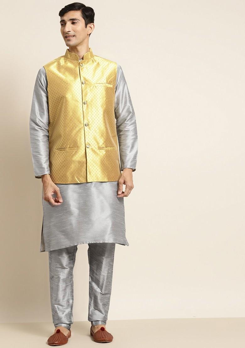 Grey Woven Poly Blend Kurta Set For Men