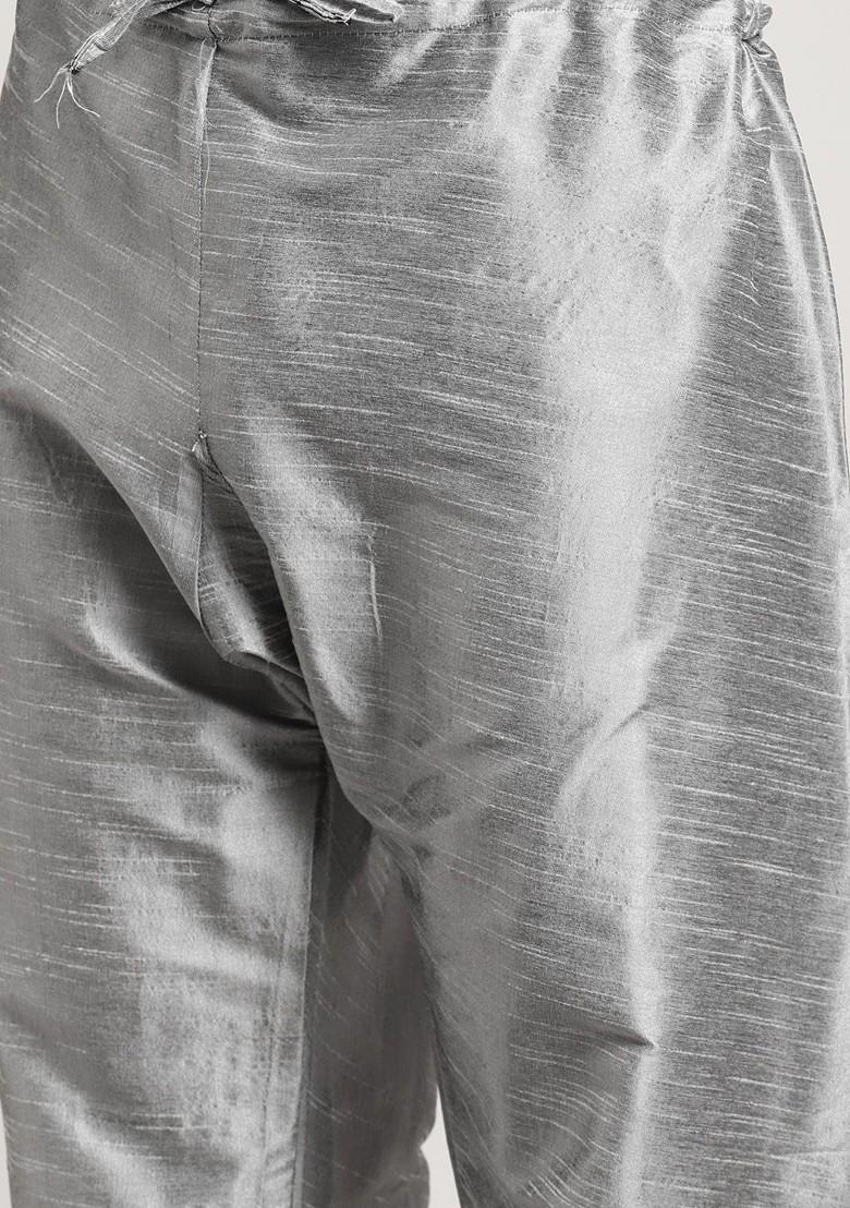 Grey Woven Poly Blend Kurta Set For Men