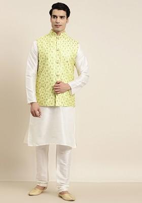 Off White Embroidered Poly Blend Kurta Set For Men