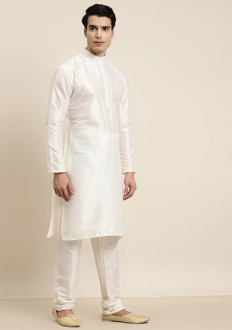 Off White Embroidered Poly Blend Kurta Set For Men