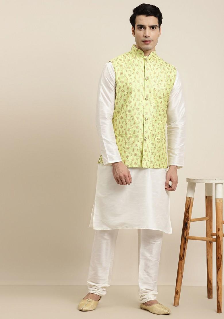 Off White Embroidered Poly Blend Kurta Set For Men