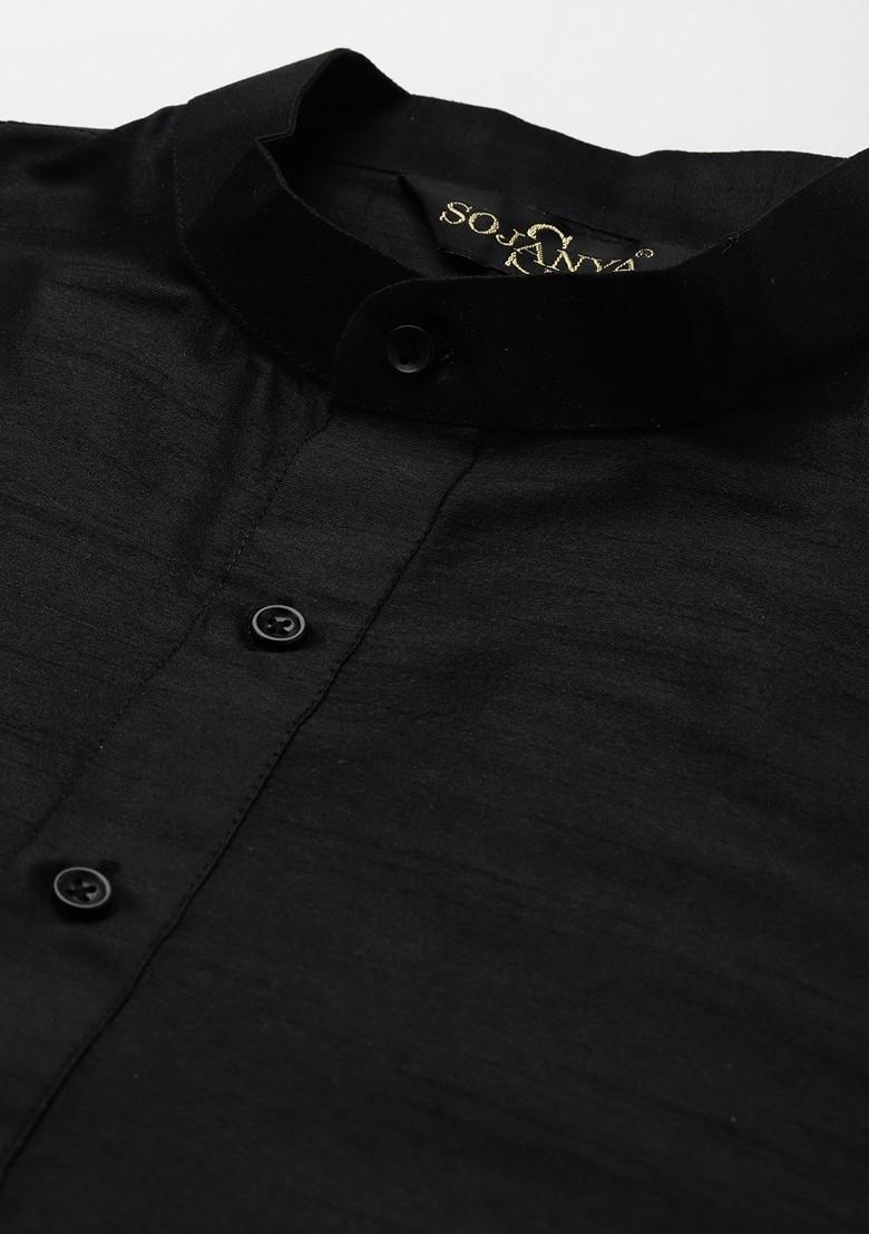 Black Embroidered Poly Blend Kurta Set For Men