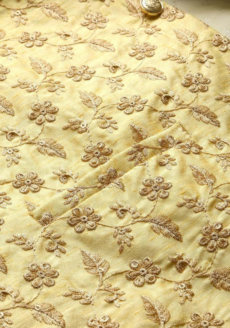 Off White Embroidered Poly Blend Kurta Set For Men