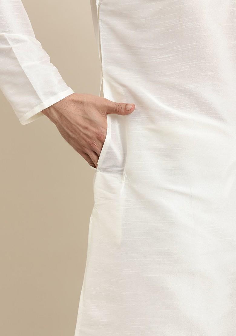 Off White Embroidered Poly Blend Kurta Set For Men