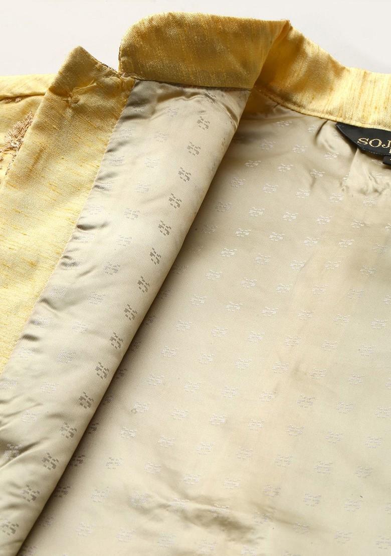 Off White Embroidered Poly Blend Kurta Set For Men