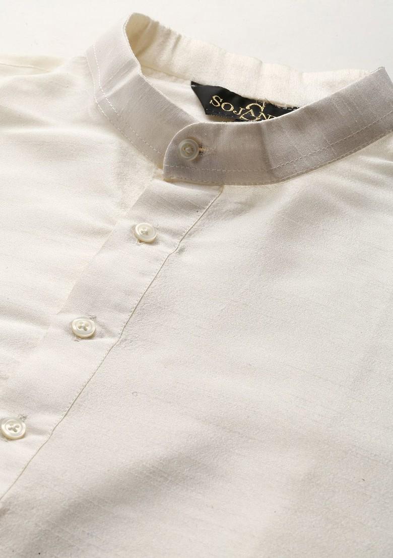 Off White Embroidered Poly Blend Kurta Set For Men