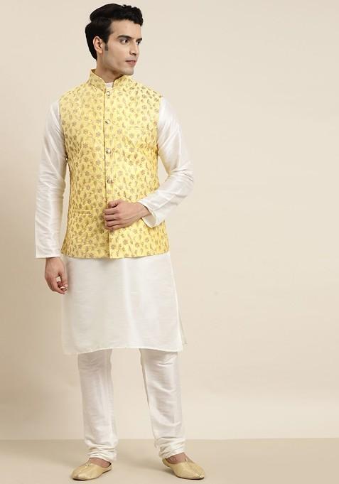 Off White Embroidered Poly Blend Kurta Set For Men