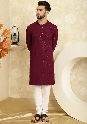 Purple Embroidered Cotton Kurta Set For Men