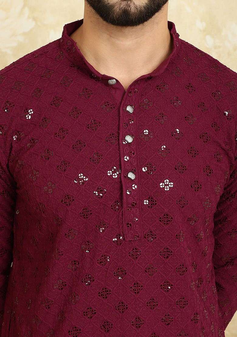 Purple Embroidered Cotton Kurta Set For Men - Indya
