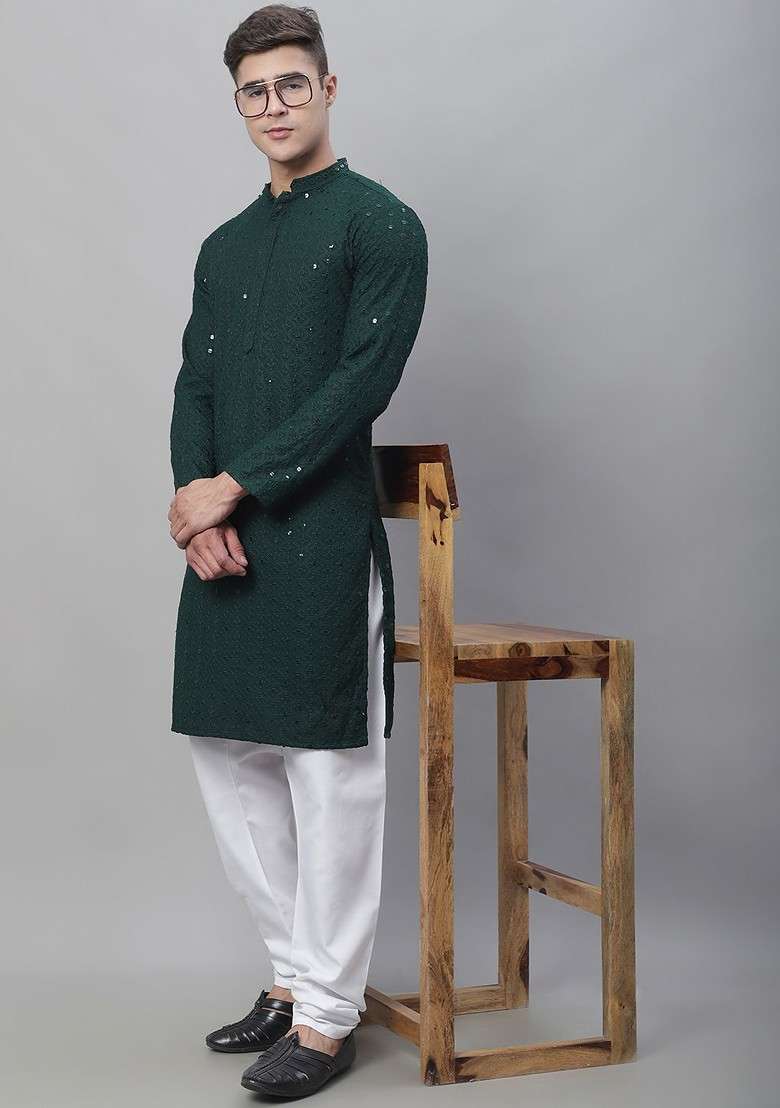 Green Embroidered Cotton Kurta Set For Men - Indya