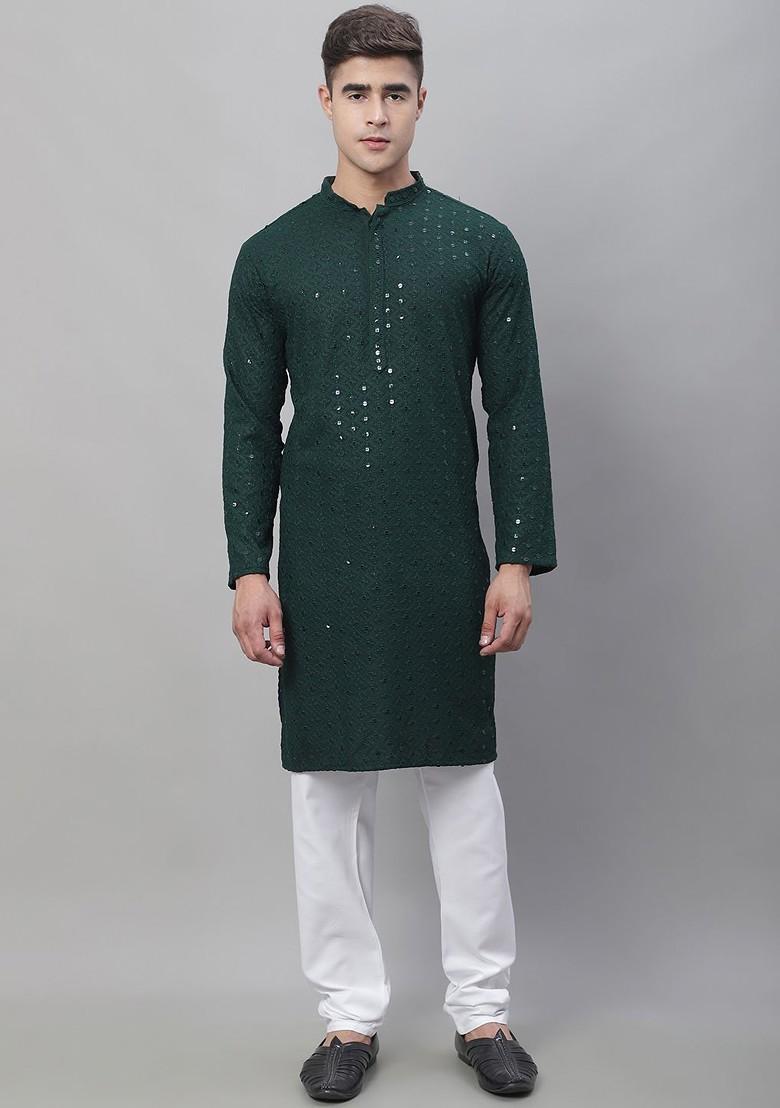 Green Embroidered Cotton Kurta Set For Men