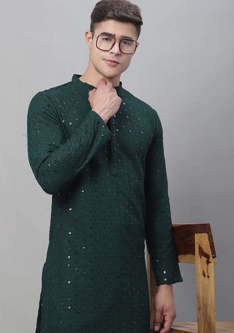 Green Embroidered Cotton Kurta Set For Men - Indya