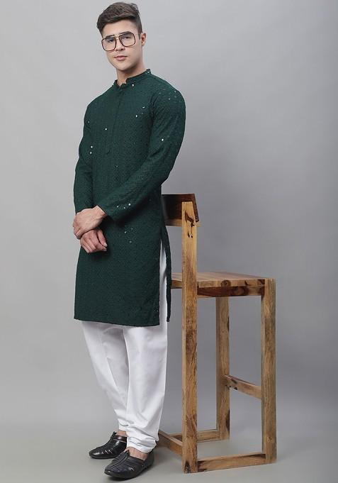Green Embroidered Cotton Kurta Set For Men