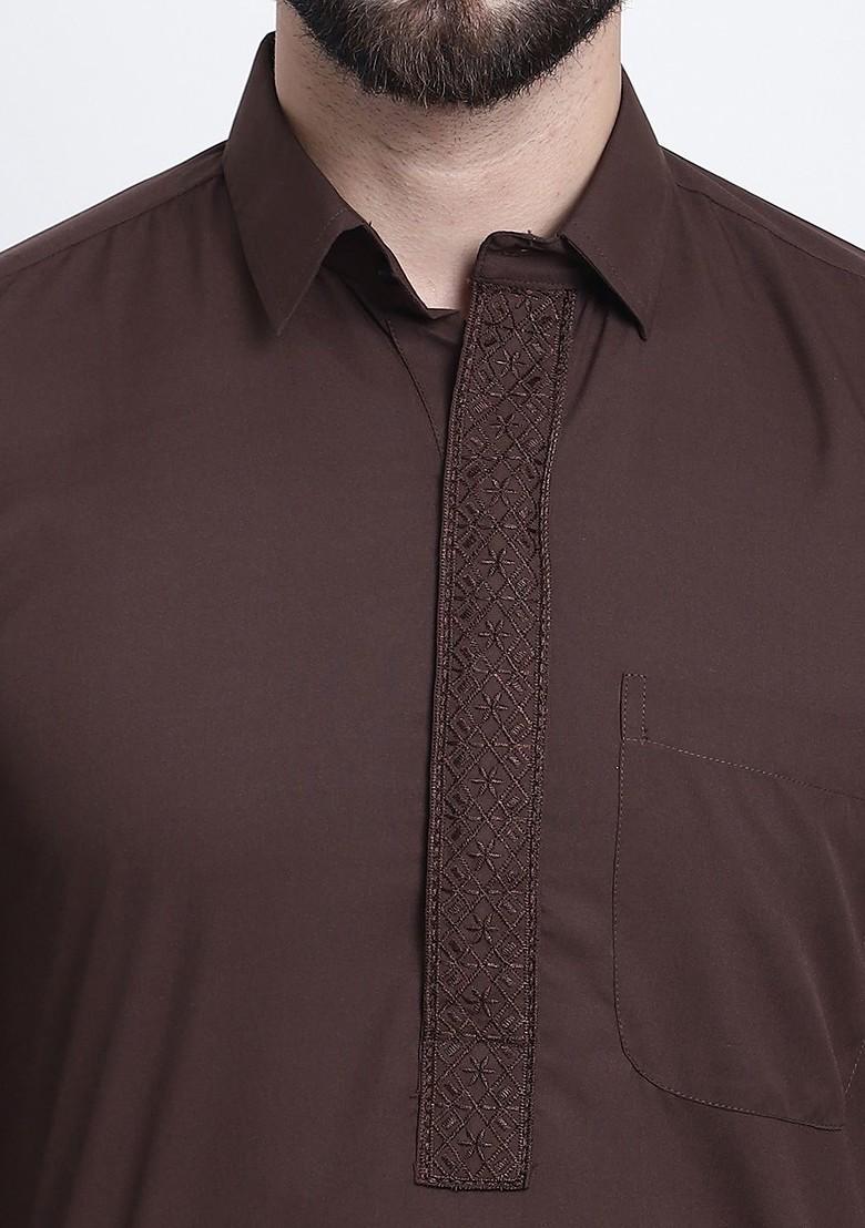 Coffee Brown Embroidered Cotton Kurta Set For Men