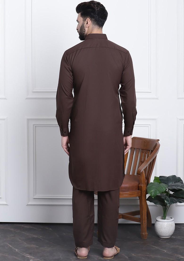 Coffee Brown Embroidered Cotton Kurta Set For Men