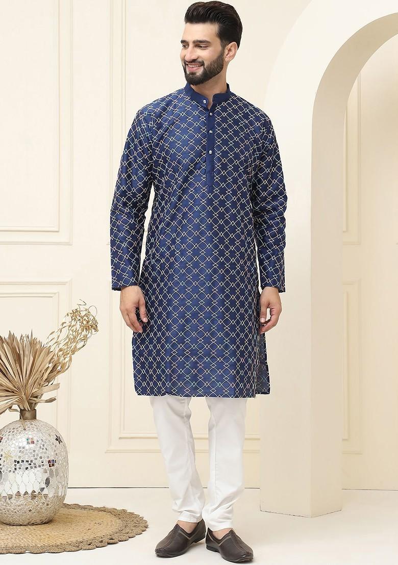 Navy Blue Thread Work Cotton Kurta Set For Men