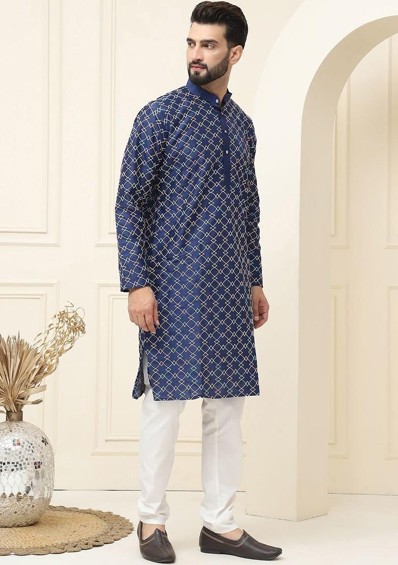 Navy Blue Thread Work Cotton Kurta Set For Men