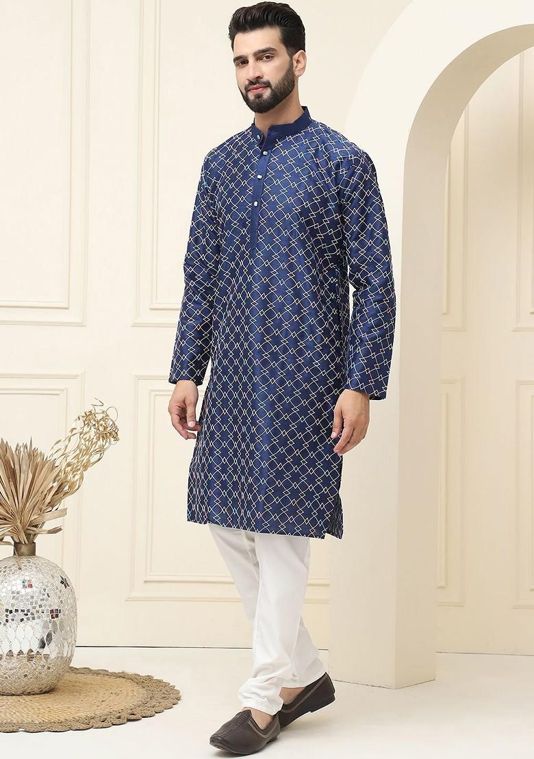 Navy Blue Thread Work Cotton Kurta Set For Men