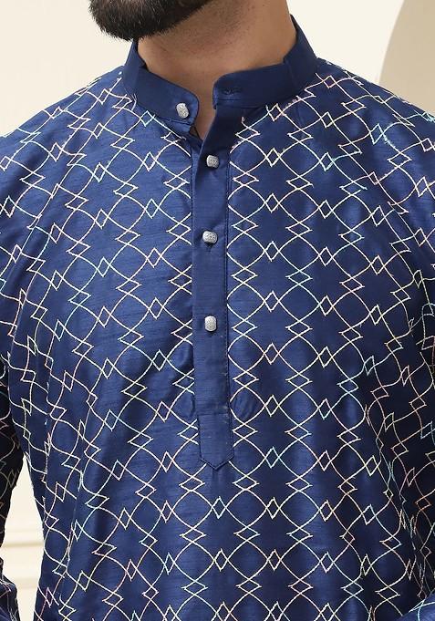 Navy Blue Thread Work Cotton Kurta Set For Men