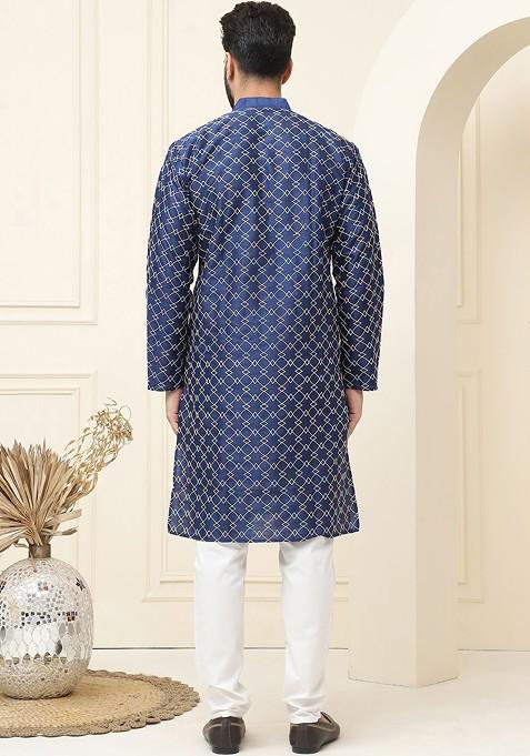 Navy Blue Thread Work Cotton Kurta Set For Men