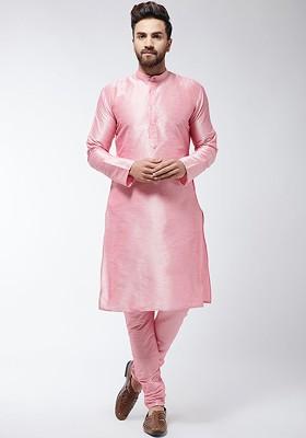 Pink Solid Poly Blend Kurta Set For Men