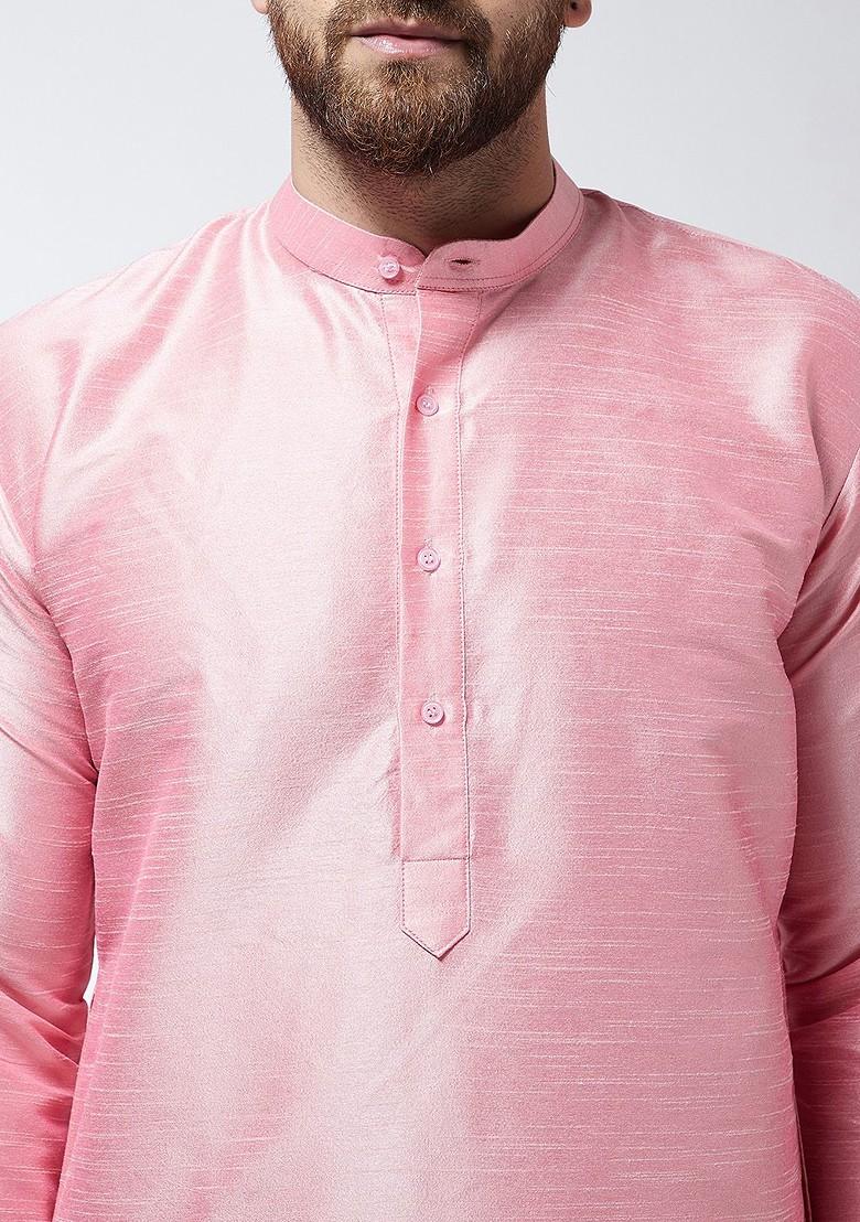 Pink Solid Poly Blend Kurta Set For Men
