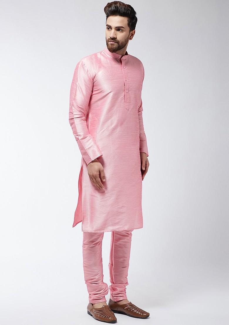 Pink Solid Poly Blend Kurta Set For Men