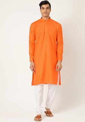 Orange Solid Poly Blend Kurta Set For Men