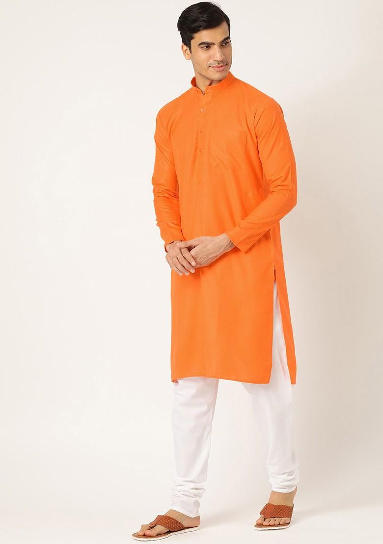 Orange Solid Poly Blend Kurta Set For Men