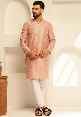 Peach Thread Work Poly Blend Kurta Set For Men
