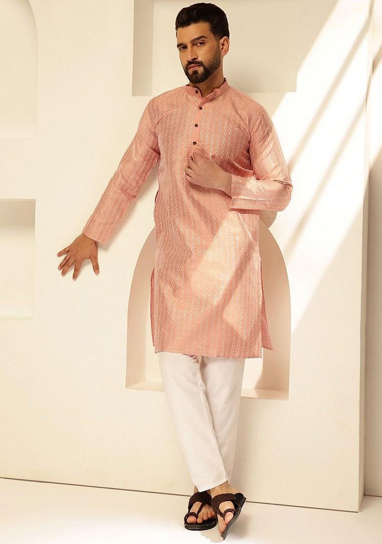 Peach Thread Work Poly Blend Kurta Set For Men