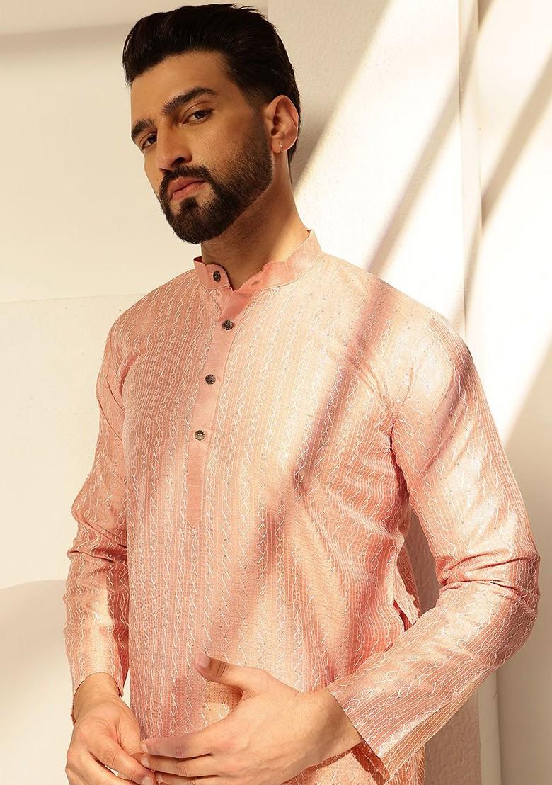 Peach Thread Work Poly Blend Kurta Set For Men