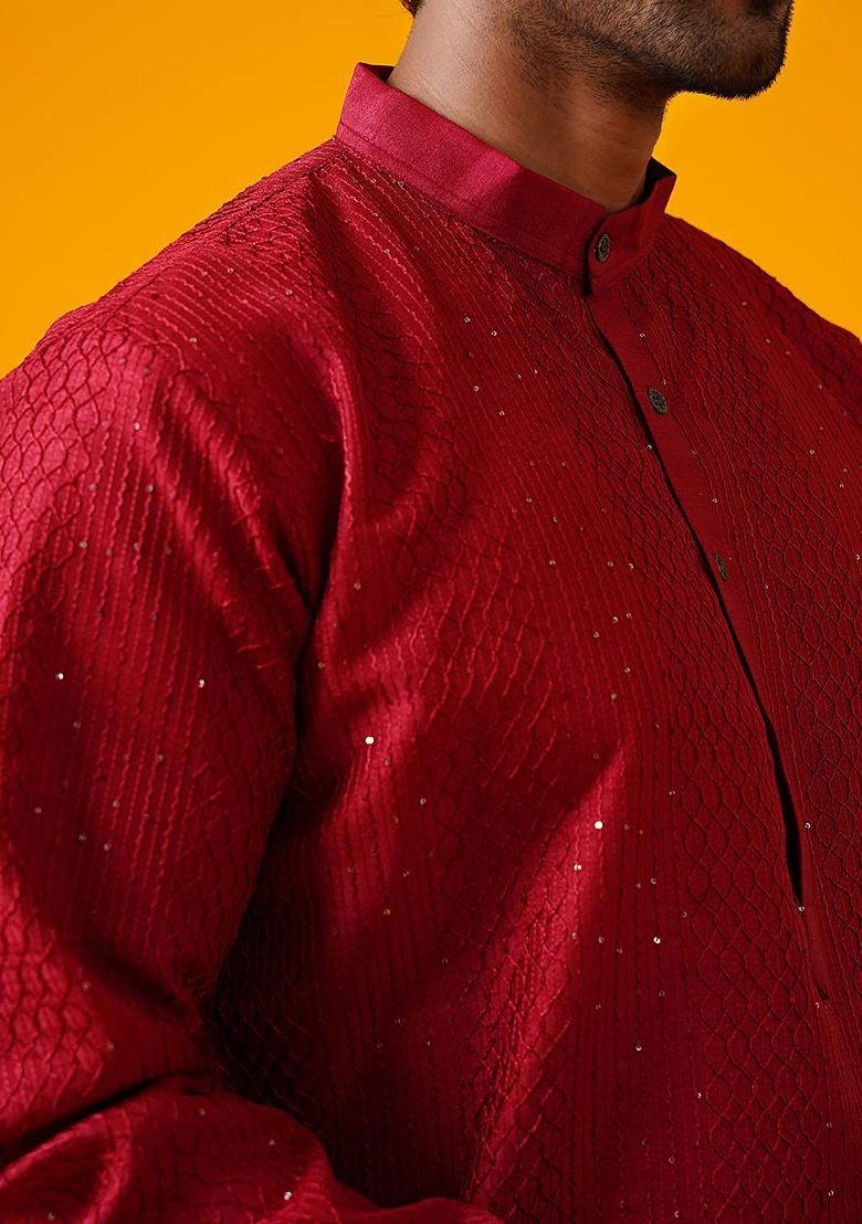 Red Thread Work Poly Blend Kurta Set For Men