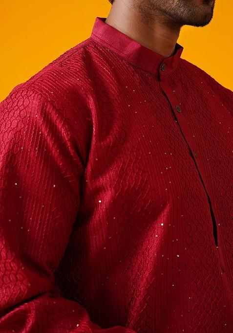 Red Thread Work Poly Blend Kurta Set For Men